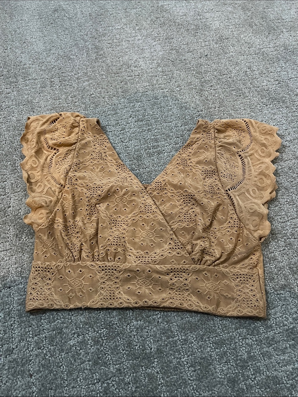Camel Eyelet Lace Flutter Sleeve Crop Top